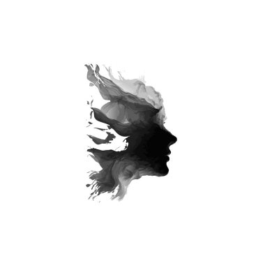 Beyaz arka planda dumanlı ya da sisli siyah ve gri bir kadın yüzü. Net detaylar ve canlı renkler görsel cazibeyi artırır.