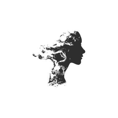 Şeffaf bir arkaplan üzerinde su etkisi olan siyah beyaz bir kadın silueti net detaylar ve canlı renkler görsel cazibeyi artırır.