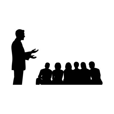 Siyah siluetli bir işadamı beyaz arka plandaki bir grup insana sesleniyor. Ölçeklenebilir biçim yazdırma ve dijital ortam.