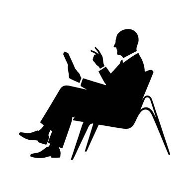 Tablet ölçeklendirilebilir baskı ve dijital medya ile bir sandalyede oturan bir işadamının silueti.