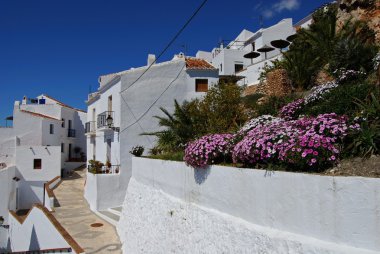 Beyaz badanalı bir köyde tipik sokak, Frigiliana.