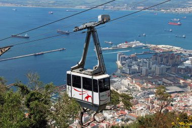 Şehir denizi ve İspanyol sahil şeridi manzaralı teleferik, Cebelitarık.