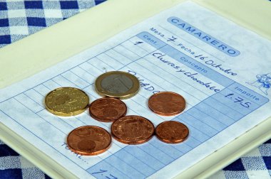 Waiters receipt for churros and chocolate with small change on a tray, Spain. clipart