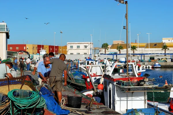 Pescadores clasificando sus redes de pesca en el muelle, Puerto de la Atunara . — Foto de Stock