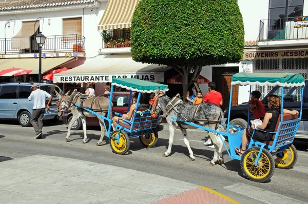 Táxis burro transportando passageiros em pequenas carruagens de madeira no centro da cidade, Mijas . — Fotografia de Stock