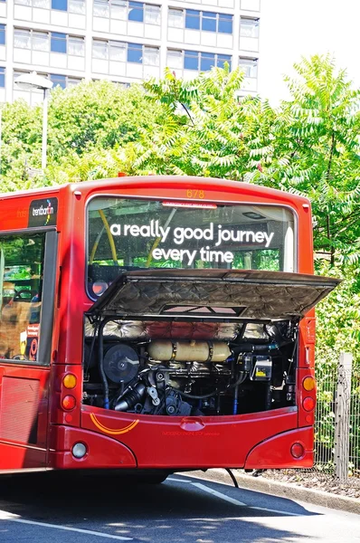 Broken down bus with its engine compartment open for inspection, Nottingham,. — Stock Photo, Image