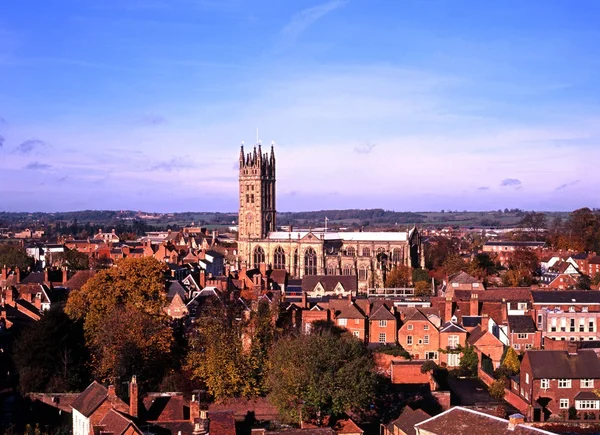 The Collegiate St Marys Church and town centre viewed from the Castle, Warwick — Stock Photo, Image