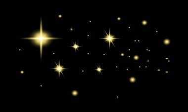 Altın parıldayan ışık şeffaf bir arkaplanda patlar. Parlak sihirli toz parçacıkları.