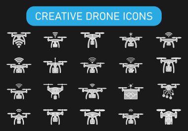 Hava teknolojisini temsil eden kameralı ve sinyal göstergeli siyah ve beyaz dron simgeleri