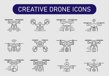 Hava teknolojisini temsil eden kameralı ve sinyal göstergeli siyah ve beyaz dron simgeleri