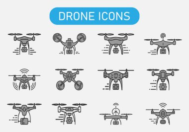 Hava teknolojisini temsil eden kameralı ve sinyal göstergeli siyah ve beyaz dron simgeleri