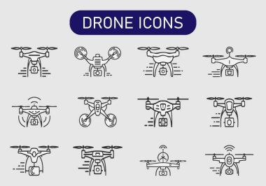 Hava teknolojisini temsil eden kameralı ve sinyal göstergeli siyah ve beyaz dron simgeleri