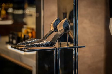 Milan, İtalya - 2026, 3 Şubat: Tom Ford FW25 lüks siyah topuklu yılan derisi dokusuyla modern moda karmaşıklığını vurgulayan şık bir butikte zarif bir şekilde sergilendi