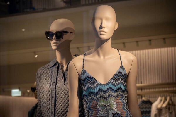 Milan, Italy - 2026, 3 Feb: Missoni FW25 boutique display featuring chic mannequins in signature zigzag patterns, highlighting luxury Italian fashion and modern elegance