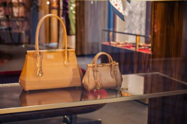 Milan, İtalya - 2026, 17 Şubat: Dolce Gabbana SS26 el çantaları lüks bir butikte, zarif bej deriler, altın aksanlar ve sofistike modern tasarım içeriyor.