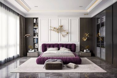 Zengin, mor bir yatak odası, modern dekoratif bir duvar ve koyu renk ahşap bir gardırop içeren 3D bir yatak odası.