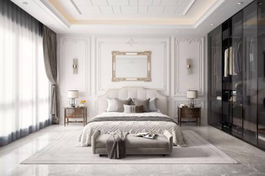 Zarif, klasik-modern bir ana yatak odasının üç boyutlu bir portresi. Beyaz kaplama, döşenmiş bir yatak, dekoratif bir ayna ve koyu cam bir gardırop.