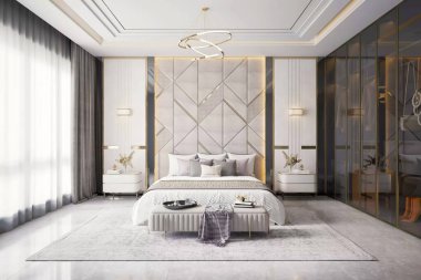 Geometrik yastıklı yatak başlığı, büyük cam bir gardırop ve zarif altın ve gri aksanlı üç boyutlu bir yatak odası.