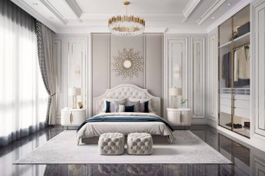 Varlıklı ve zarif bir ana yatak odasının 3 boyutlu görüntüsü. İçinde bir yatak başlığı, klasik duvar panelleri, kristal bir avize ve cam bir gardırop var.