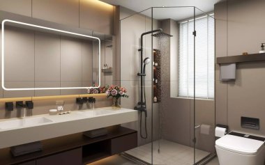 Çağdaş ve sofistike bir ana banyonun üç boyutlu görüntüsü çift lavabo, arka ışıklandırılmış dikdörtgen ayna ve sıcak nötr bir alanda koyu armatürler..