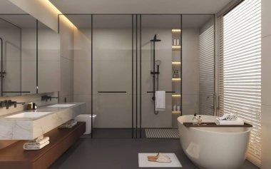 3 boyutlu geniş ve zarif, modern ana banyonun, oval bir küvet, beyaz mermer kibir ve parlak mat siyah armatürler içerir..