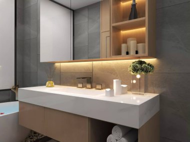 Çarpıcı siyah dikey fayansların, desenli zeminin, mermer tezgahın ve sofistike pirinç aksanların yer aldığı 3 boyutlu çağdaş bir banyo.