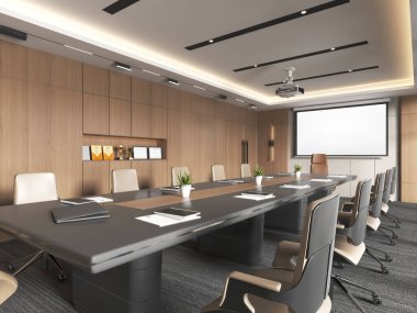Uzun bir toplantı masası, yönetici sandalyeleri ve boş bir projektör ekranı olan çağdaş, şık bir konferans odası kurulumunun 3D canlandırması.
