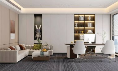 Pürüzsüz, modern bir CEO ofisi, rahat bir kanepe salonu, şık bir masa alanı ve dekoratif bir duvar rafı..