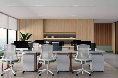 Beyaz masalar, yeşil ergonomik sandalyeler ve depolama ile doğal hafif ahşap paneller içeren modern ve parlak bir ofisin 3D canlandırması.