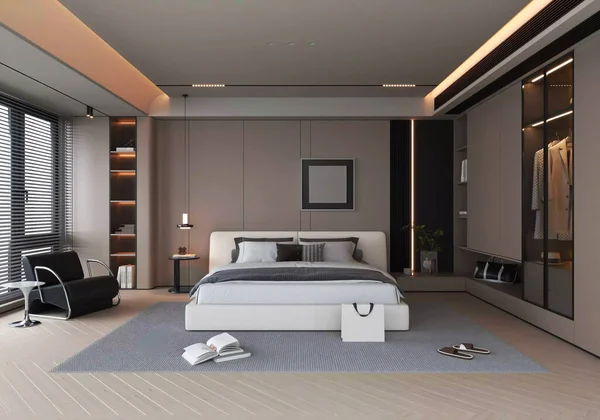 Tarafsız duvarları, minimalist dekorları ve sofistike mimari çizimleri olan zarif bir ana yatak odası iç tasarımı.