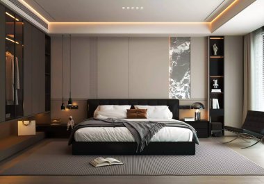 3D Rending Modern Lüks Yatak Odası İçi Zarif Işıklandırma ve Minimalist Dekor