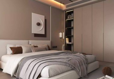 3D Hazırlama Modern Tarafsız Yatak Odası İçi Minimalist Dekor ve Bütünleşik Depo