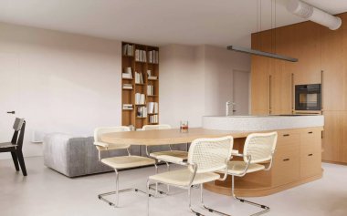 3d Modern OpenPlan Mutfağı ve Ahşap Aksanlı Yemek Alanı Hazırlanıyor