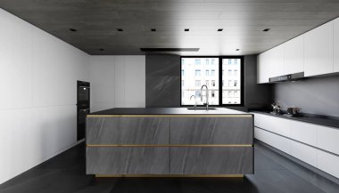 3D Rending Modern Minimalist Mutfak Büyük Ada ve Şehir Manzaralı