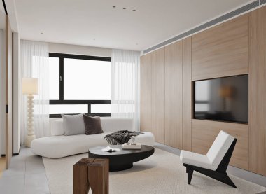 3D Pırıltılı Modern Oturma Odası Zarif Mobilyalar ve Doğal Aydınlatma