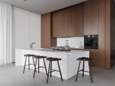 3d Rendering Sleek Modern Kitchen with White Marble Island and Wood Cabinetry