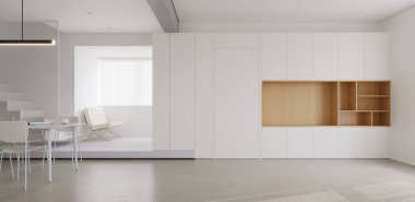 Bütünleşik Ahşap Raflı Minimalist Beyaz Yaşam Alanı