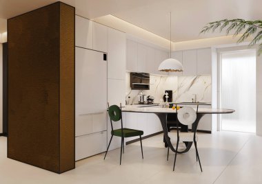 3D Hazırlama Modern Minimalist Mutfak ve Zarif Tasarımlı Yemek Alanı