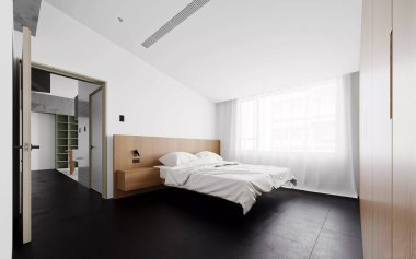 3D Rendering Minimalist Modern Yatak Odası Yüzen Yatak ve Büyük Pencere