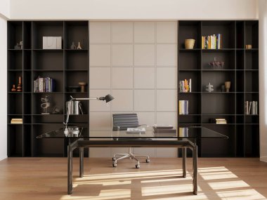 3d Zarif Cam Masası ve Geniş Kitap Rafları ile Modern İçişleri Ofisi Hazırlama