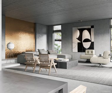 3D Modern Beton Oturma Odası Altın Aksan Duvarı ve Soyut Sanat