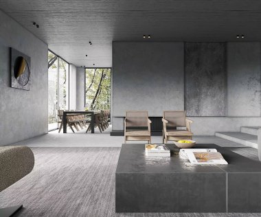 3D Modern Minimalist Açılış Salonu beton duvarlı ve geniş pencereli