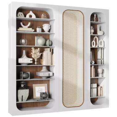 Cane Ayrıntıları ve Dekoratif Nesnelerle Modern Beyaz Görünüm Kabinesi 3d Hazırlanıyor