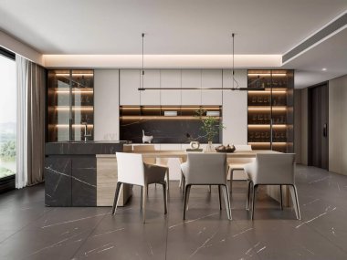 3d Modern Lüks Mutfak ve Mermer Ada ve Bütünleşik Kabine Alanı