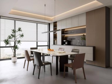 Tarafsız Palet ile 3d Render Parlak Modern Yemek ve Mutfak Alanı