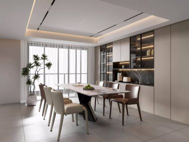 3d Render Modern OpenPlan Yemek Odası ve Mermer Aksanlı Mutfak
