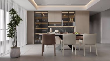 3d Render Modern OpenPlan Yemek ve Mutfak İçi Zarif Dolap Şiiri