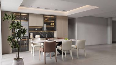 3d Çağdaş OpenPlan Yemek ve Mutfak Alanı Hazırla