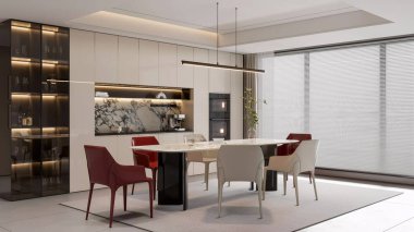 3d Entegre Mutfak ve Zarif Mobilyalı Lüks Modern Yemek Odası