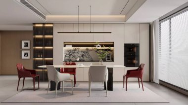 3D Render Modern Minimalist Oturma ve Bütünleşik Kabineli Yemek Odası